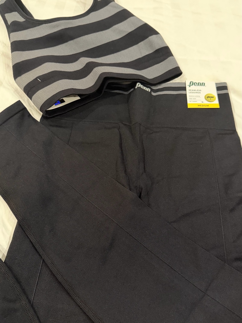Penn Black Seamless Leggings with Gray Striped Sports Bra